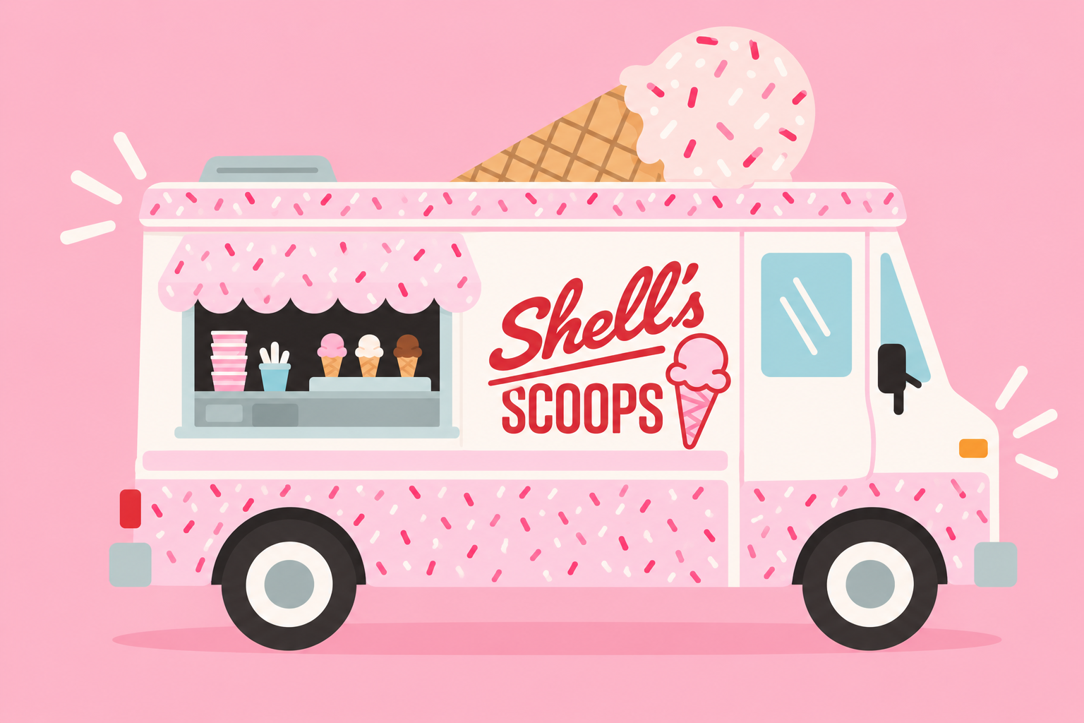 Illustrated pink Shell's Scoops ice cream truck